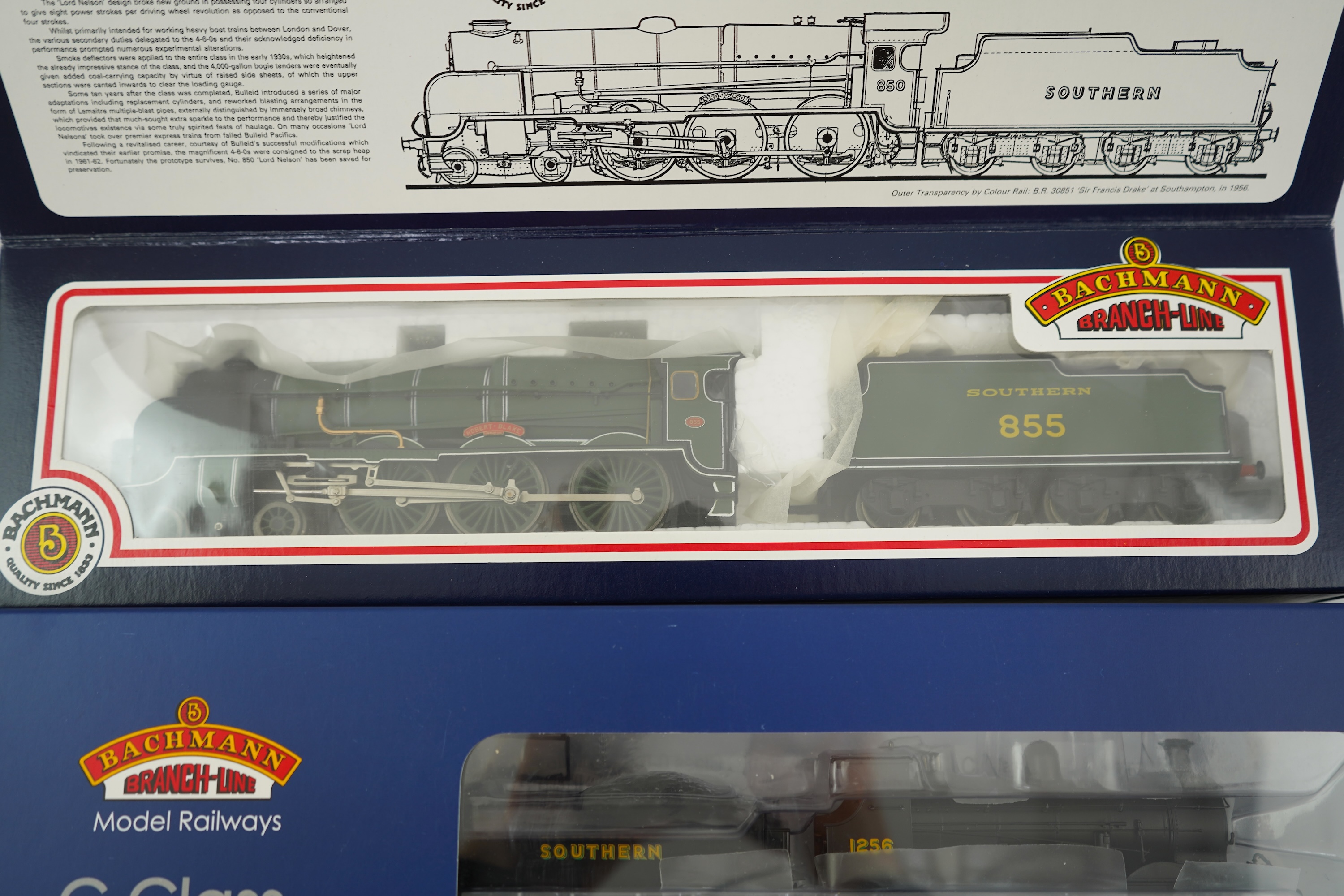 Two boxed Bachmann Branchline 00 gauge railway Southern Railway tender locomotives; a Lord Nelson class, Robert Blake 855 (31-404), together with a C class 1256 (31-461)